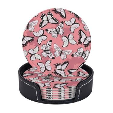 Imagem de BOXIMIAO Porta-copos com suporte, conjunto de 6, porta-copos absorventes de couro PU com estampa de borboleta com base de cortiça, porta-copos redondos para decoração de casa, apartamento, cozinha