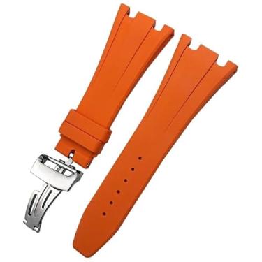 Imagem de ANZOAT Pulseira masculina de borracha fluorosa de 27 mm e 28 mm para Audemars AP Piguet Royal Oak Offshore Soft FKM (prata laranja, 28 mm)