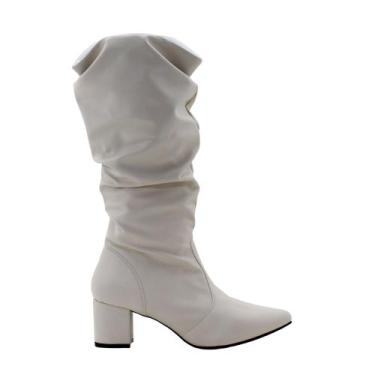 Imagem de Botas Femininas Modelo Slouchy Bico Fino Salto Grosso Lirom, Off white