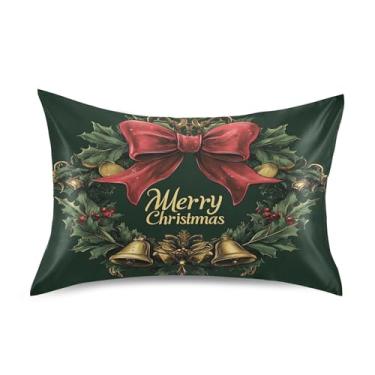 Imagem de SEHANY Fronha de seda verde com sinos de Natal para cabelo e pele, capa de almofada respirável super macia e macia com envelope para casa, quarto, hotel, padrão 50 x 102 cm