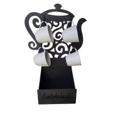 Imagem de Suporte Bule + 4 Xícaras Cantinho do Café Chá Escolha Cor Porta Xícaras Cozinha Organizador Bandeja (Bule Preto C/Xicara Branco)