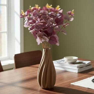 Imagem de Arranjo de Eucalipto Vermelho Artificial 45cm com Vaso Ondulado – Decoração Sofisticada para Casa e Escritório (Marrom)