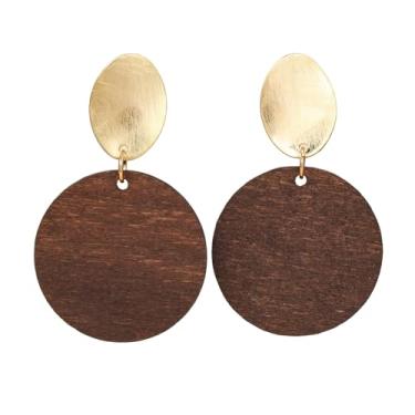 Imagem de Brincos femininos com pingente de ouro e madeira Boho – Brincos geométricos ovais e de disco de madeira – Joias leves, Medium, Madeira, Sem pedra preciosa