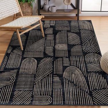 Imagem de MUJOO Tapete lavável 7,5 x 12,5 cm, moderno, abstrato, antiderrapante, antiderrapante, tapete preto e dourado para sala de estar, quarto, entrada