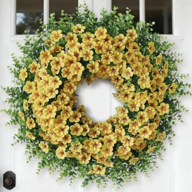 Imagem de Guirlanda de eucalipto artificial grande de 66 cm com coroa de flores para porta da frente – flores de seda falsa realista, guirlanda de flores de cor sintética para casa, fazenda, casamento