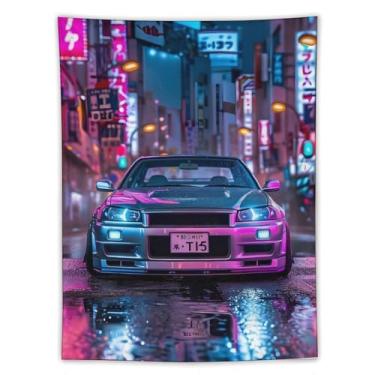 Imagem de HouLaiZhe JDM Tapeçaria de carro neon carro esportivo R32 Jdm pendurar na parede quarto decoração de casa tapeçarias estética piquenique decoração de parede arte de parede para dormitório sala de