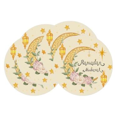 Imagem de XCHI Jogo americano redondo com estrelas e flores da lua em aquarela Ramadã Mubarak, conjunto de 4 tapetes de mesa para festa, casa, cozinha, decoração de mesa de jantar, 35 x 35 cm
