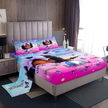 Imagem de Manfei Jogo de lençol casal para meninas afro-americanas, borboleta e laço preto, decoração de quarto de meninas e mulheres, céu estrelado, rosa e roxo, 4 peças (elástico + plano + 2 fronhas)