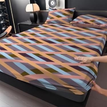 Imagem de Jogo de Lençol Listras Preto e Branco 3 Peças Percal Estampado Solteiro/Casal/Queen(Mosaico,Casal 03 Peças)