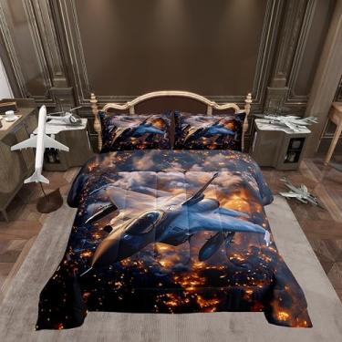 Imagem de Conjunto de edredom para crianças, solteiro, para meninos e meninas, caça militar, aeronave e adulto, para decoração de quarto, veículo voador militar com 1 fronha