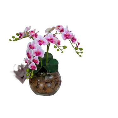 Imagem de Arranjo de Orquídea Artificial 3D 4 Hastes com Vaso de Vidro Transparente | Planta Decorativa Sala e Escritório(Lilas)
