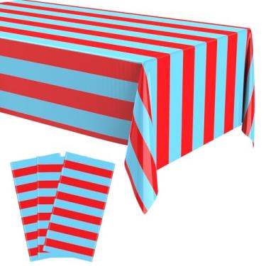 Imagem de Oudain 3 peças de toalha de mesa listrada de plástico azul e vermelho, 272 x 137 cm, carnaval, circo, festa, impermeável, descartável, toalhas de mesa decorativas, coberturas de mesa retangulares para
