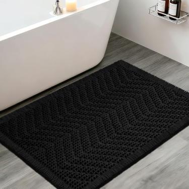 Imagem de Tapete de banheiro de waffle atualizado, 91 cm x 61 cm preto espinha de peixe, tapetes de banheiro super absorventes antiderrapantes de secagem rápida com borlas, tapetes de banho boho ultra macios