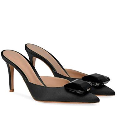 Imagem de CarolieRossi Sandálias femininas de salto alto com strass e strass bico fechado gatinho sandálias de salto alto verão sem cadarço salto mule sapato vestido de noiva, Preto, 40