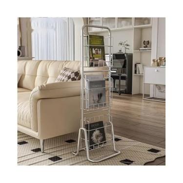 Imagem de Porta-revistas simples de chão multicamadas prateleira móvel para exibição de revistas prateleiras organizadoras de escritório (prata)