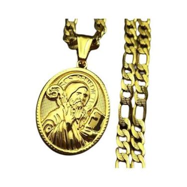Imagem de Colar Masculino Em Aço Inoxidável Cor Dourada Medalha Crucifixo Coroa 
