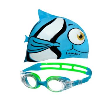 Imagem de Leader Kit Natação Infantil com Óculos e Touca de Silicone em Formato de Peixe Azul, Lentes Antiembaçantes, Proteção UV