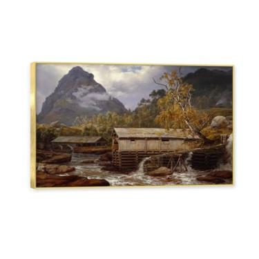 Imagem de NHLDZYH Moldura dourada. Pintura a óleo de paisagem romântica norueguesa famosa, J.C. Dahl, cópia de pintura a óleo clássica emoldurada para sala de estar ou escritório (serraria). 30 x 48 cm.