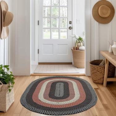Imagem de Super Area Rugs Tapete clássico trançado macio feito à mão para ambientes internos/externos, varanda de cozinha, vermelho, branco e azul, oval de 91 cm x 1,5 m