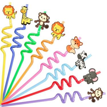 Imagem de NIEITRK 8 canudos divertidos com tema de safári na selva, canudos de festa de animais selvagens para decorações de aniversário, lembrancinhas de festa tropical e sacos de brinde