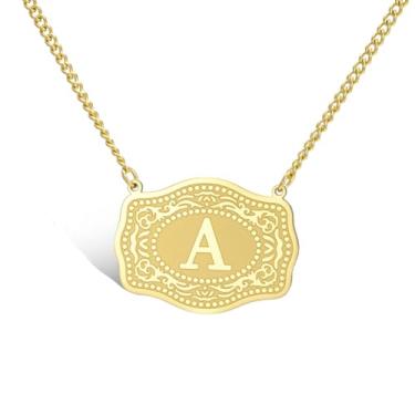 Imagem de VASSAGO Colar de fivela de cinto com letra inicial para mulheres e homens, pingente de pingente em relevo de aço inoxidável delicado joia personalizada presente, Adjustable, Aço inoxidável, Sem Pedra