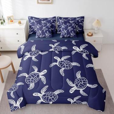 Imagem de Erosebridal Jogo de cama solteiro de tartaruga, 7 peças, náutico, litoral, réptil, tartaruga, edredom com lençóis, tema oceano e praia