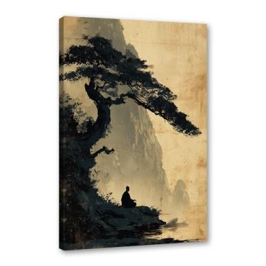 Imagem de Pôster de arte de parede de Buda Zen sombrio Bodhi Pintura Árvore Solidão Meditação Impressão em Tela Estilo Chinês Vintage Arte de Parede Espiritual Decoração de Escritório Doméstico (SKU4,27.9x35.6