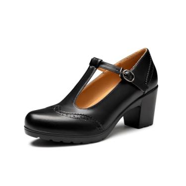 Imagem de Trary Sapato feminino clássico com tira em T, bico redondo, Mary Jane, confortável, salto baixo, grosso, salto Oxford, vestido de trabalho, sapatos femininos, Blackpu, 37