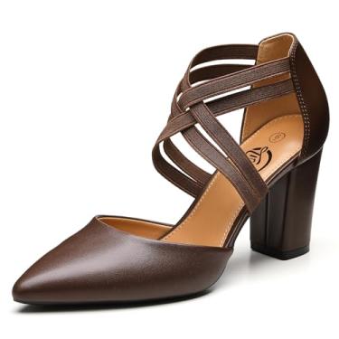 Imagem de Trary Sapato feminino de salto baixo grosso fechado bico fino salto bloco para mulheres sapatos sociais elásticos cruzados tiras 3,5 polegadas confortável para casamento noiva, Marrom escuro, 35