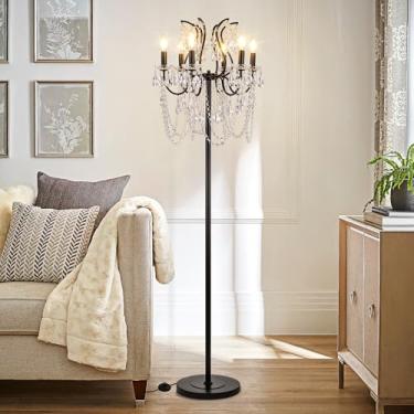 Imagem de TOCHIC Luminária de chão moderna de cristal preto, lâmpada de pé vintage de 6 luzes com interruptor de pé para sala de estar, quarto, escritório, sala de jantar 165 cm de altura