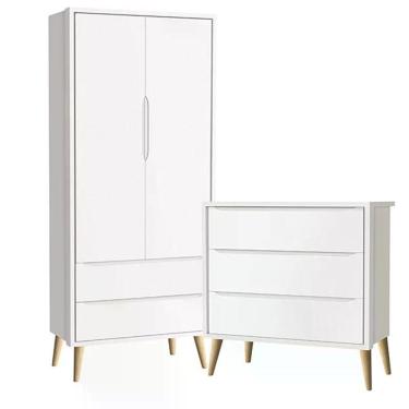 Imagem de Guarda Roupa 2 Portas E Cômoda 3 Gav Theo Branco Fosco Pés Madeira Natural Reller Móveis