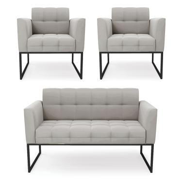 Imagem de Kit 1 Sofá Namoradeira e 2 Poltronas Elisa Veludo Cinza Base Metálica Industrial Preto D03 - D'Rossi