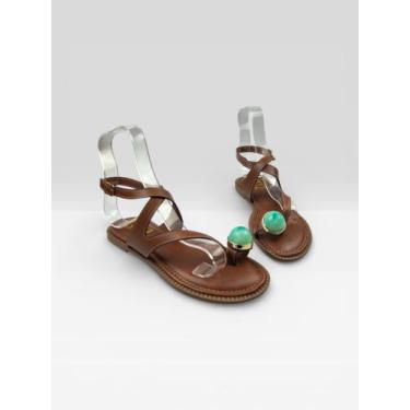 Imagem de Sandália Rasteira Feminina Metalizada Com Pedra Moca/Turquesa - LITTZ,