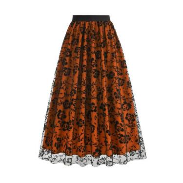 Imagem de Saia vintage feminina dos anos 50, malha retrô, midi, linha A, cintura