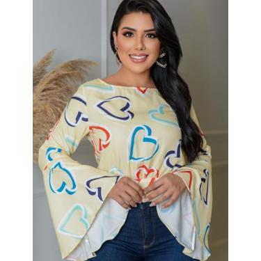 Imagem de Blusa Cropeed Social Feminina Estampa de Coração Manga Longa Flare Sin