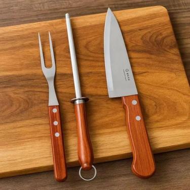 Imagem de Kit Churrasco 3 Peças Faca Garfo Chaira Amolador Cabo Madeira Utensíli