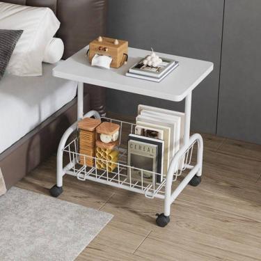 Imagem de Mesa Lateral Multiuso com Rodinhas Formato Retangular Tampo MDF Base MDF 43CM Branco