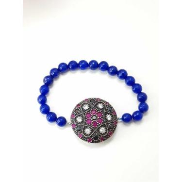 Imagem de Pulseira Feminina Prata Turca 925 Pedras Fio Silicone Azul - Lojas La&