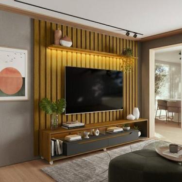 Imagem de Painel Ripado com LED London 222cm e Rack Loop com Rodízios TV 70 Pole