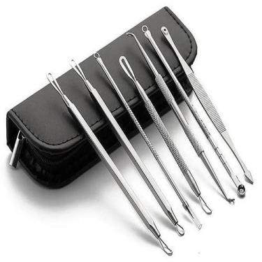 Imagem de Kit 7 Curetas Extrator de Cravos e Espinhas Aço Inox com Estojo - Lux 