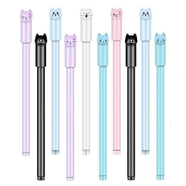 Imagem de WIN-MARKET Canetas fofas com desenho de animais Kawaii, caneta fofa de gato 0,5 mm, canetas de tinta preta para materiais escolares de escritório (10 peças)