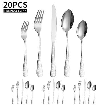 Imagem de Wemay Conjunto de talheres de aço inoxidável 20 peças conjunto de talheres polido espelho 4 facas 4 garfos 4 colheres 4 garfos de salada 4 colheres de sobremesa para casa cozinha restaurante festa
