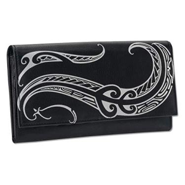 Imagem de Tatuagem Polinésia feminina de couro carteira clutch modelo "Ahona" arte de tatuagem por Kuaika da NAKOA, Preto, 7 7/8" (L) x 4" (H) x 1" (W), Carteira fina