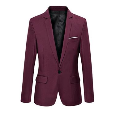 Imagem de Bestgift Blazer masculino fashion manga longa slim fit um botão jaqueta casual , Wine Red, GG