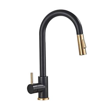 Imagem de Torneira de cozinha preta fosca Torneira de cozinha removível Torneira de alça única Torneira de cozinha giratória de 360 graus, preto escovado dourado