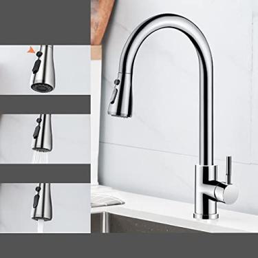 Imagem de Torneiras de cozinha Níquel escovado retrátil Pia de cozinha Torneira de água Misturador montado no convés Pulverizador de fluxo Cabeça quente e fria Torneiras pretas cromadas, cromadas