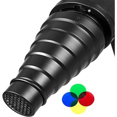 Imagem de TUYUNG Kit de snoot de estúdio cônico de liga de alumínio com grade de favo de mel e 5 filtros de cor para GODOX Bowens Mount Strobe Moonlights Flash Speedlight Photography Light