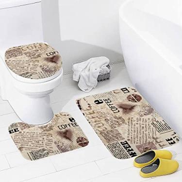 Imagem de Conjunto de tapetes de banheiro 3 peças vintage abstrato padrão café tapete de banheiro lavável tapete antiderrapante tapete de contorno e tampa para banheiro
