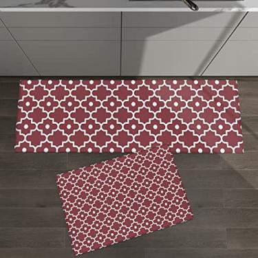Imagem de Conjunto de 2 tapetes de cozinha marrocos estampa geométrica decoração de Natal vermelho vinho para tapetes acolchoados e tapetes antiderrapantes absorventes corredor confortável tapete de pé