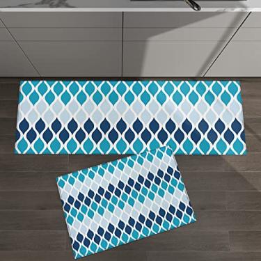 Imagem de Conjunto de 2 tapetes de cozinha padrão geométrico colorido de meados do século Ombré azul marinho para tapetes acolchoados e tapetes antiderrapantes absorventes corredor confortável tapete de pé